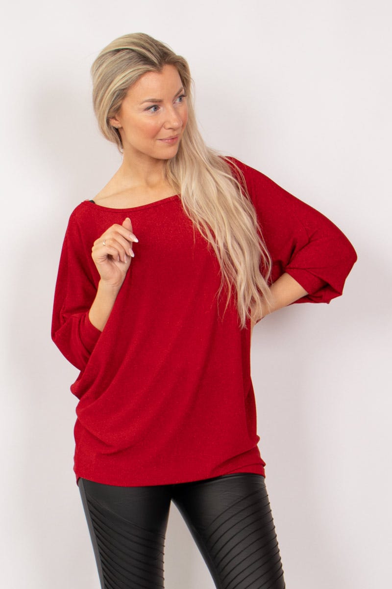 Batwing bluse m. glitter Rød