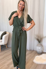 Jumpsuit m. flæseærme Khaki