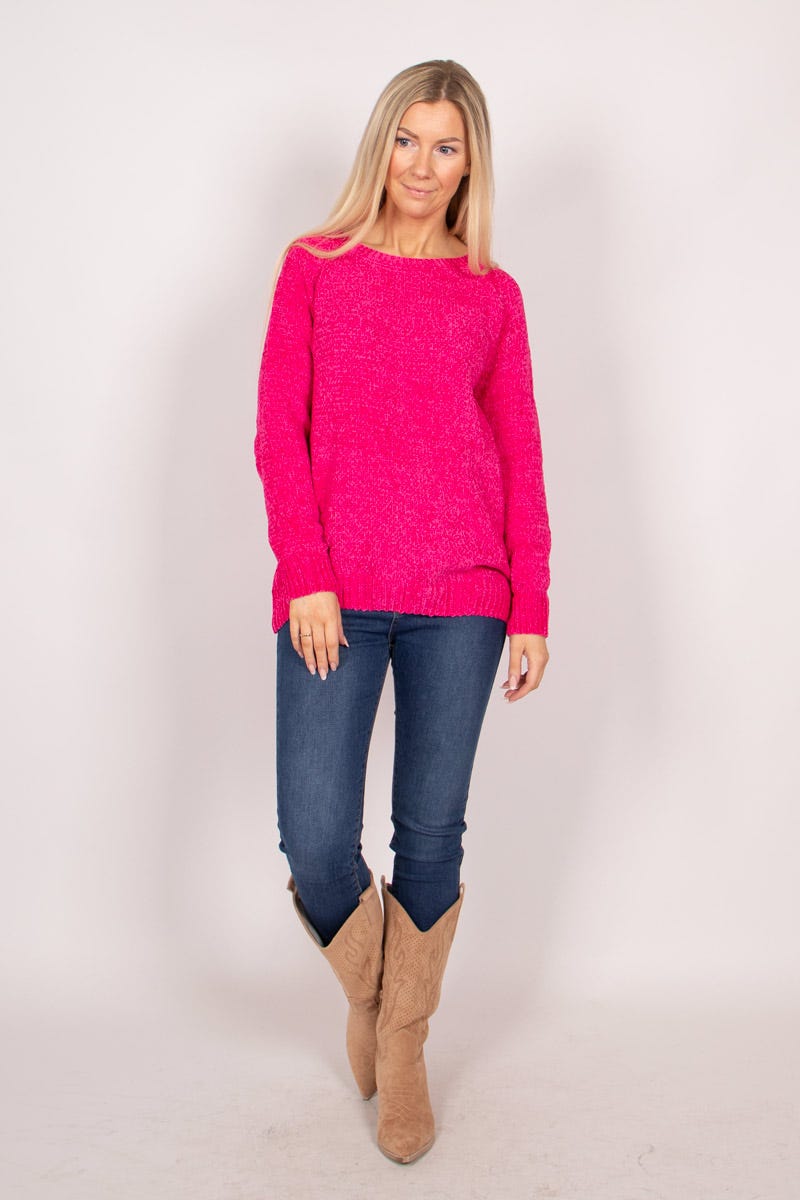 Chenille strik m. rund hals Pink