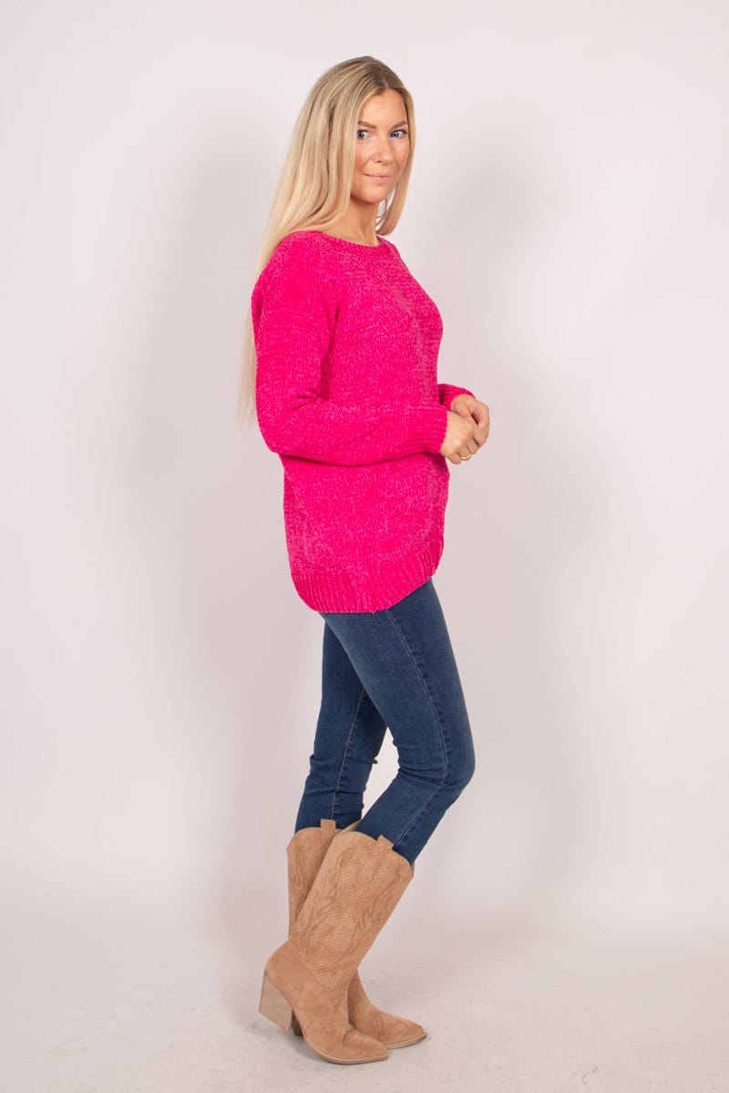 Chenille strik m. rund hals Pink