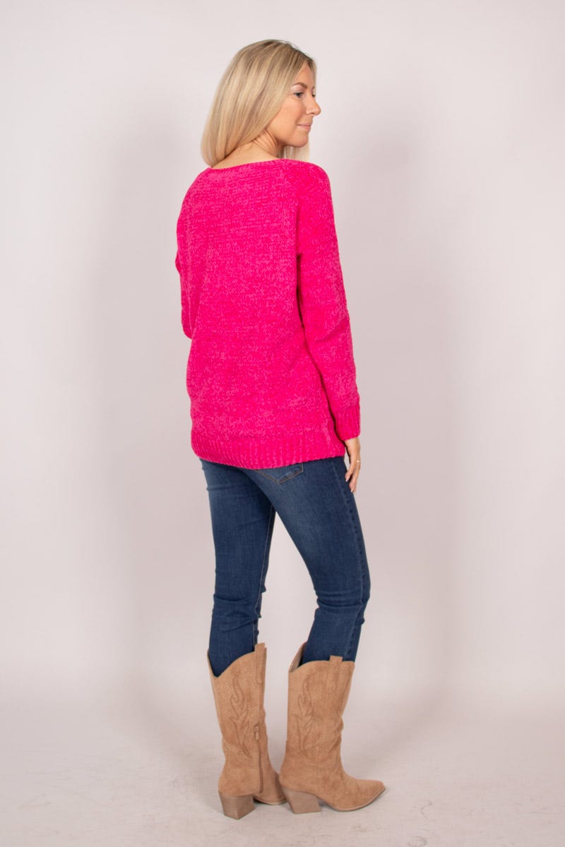 Chenille strik m. rund hals Pink