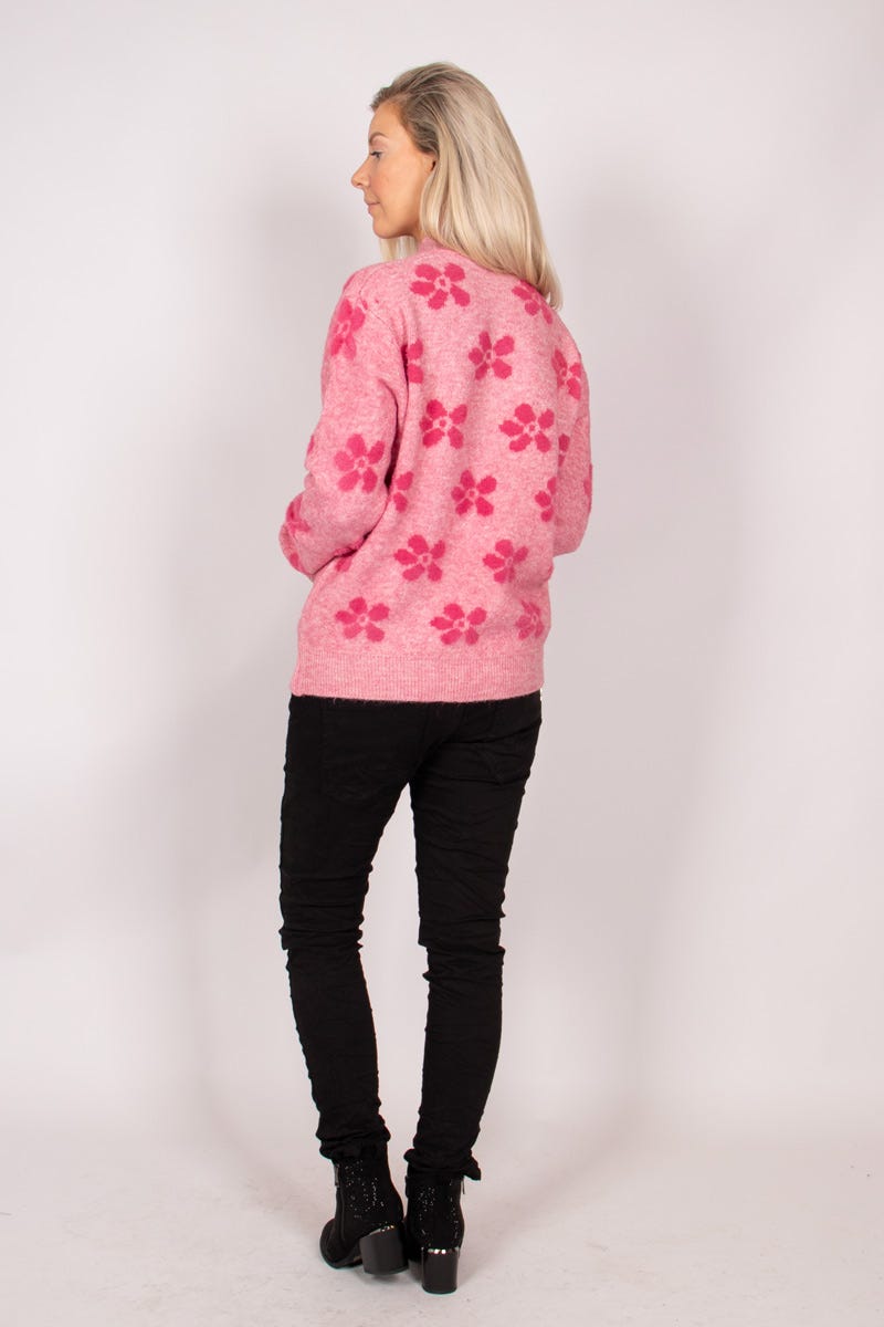 Strik m. stor blomst Pink