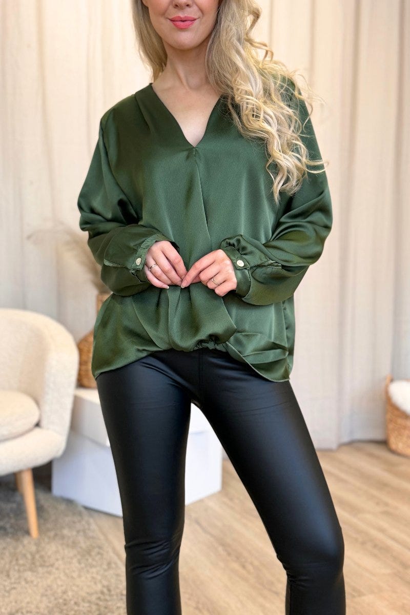 Satin bluse m. crossover detalje Grøn