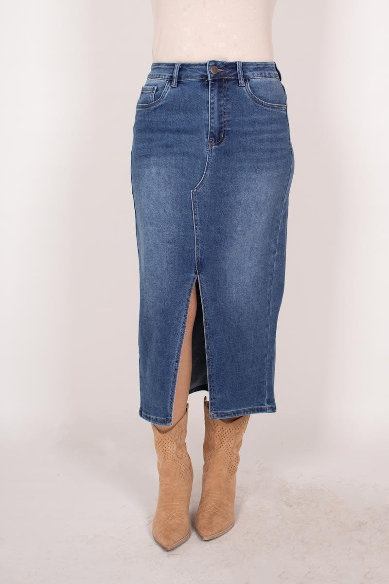 Midi nederdel m. slids Denim