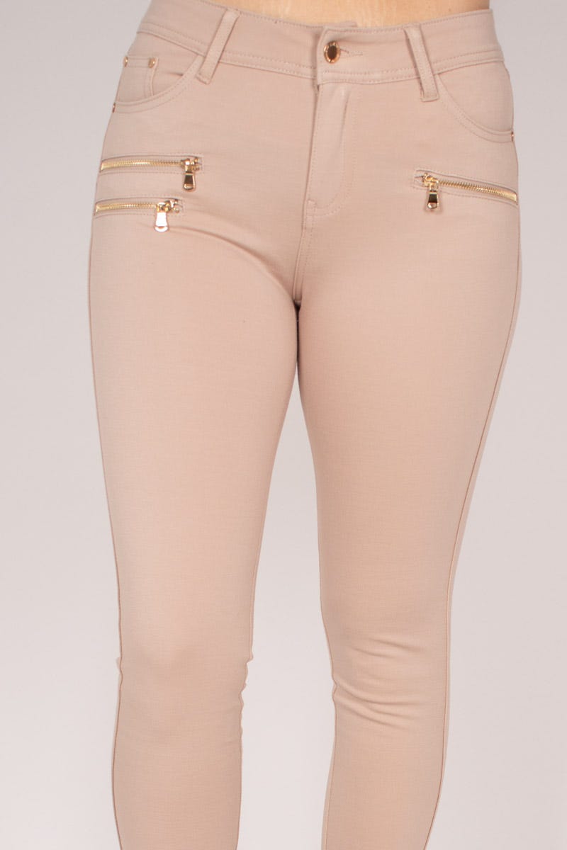 Slim fit buks m. 3 lynlåse Beige