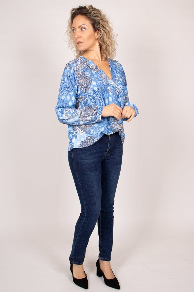 Crossover bluse m. paisley print Blå