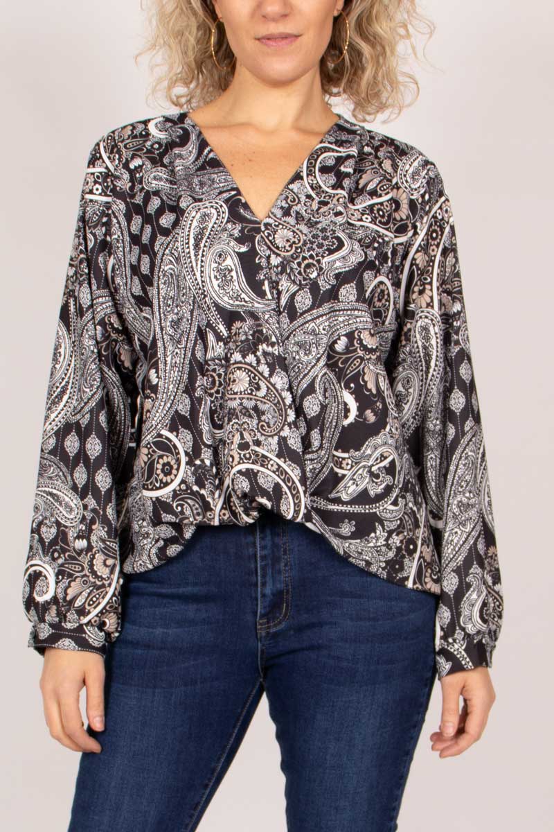 Crossover bluse m. paisley print Sort