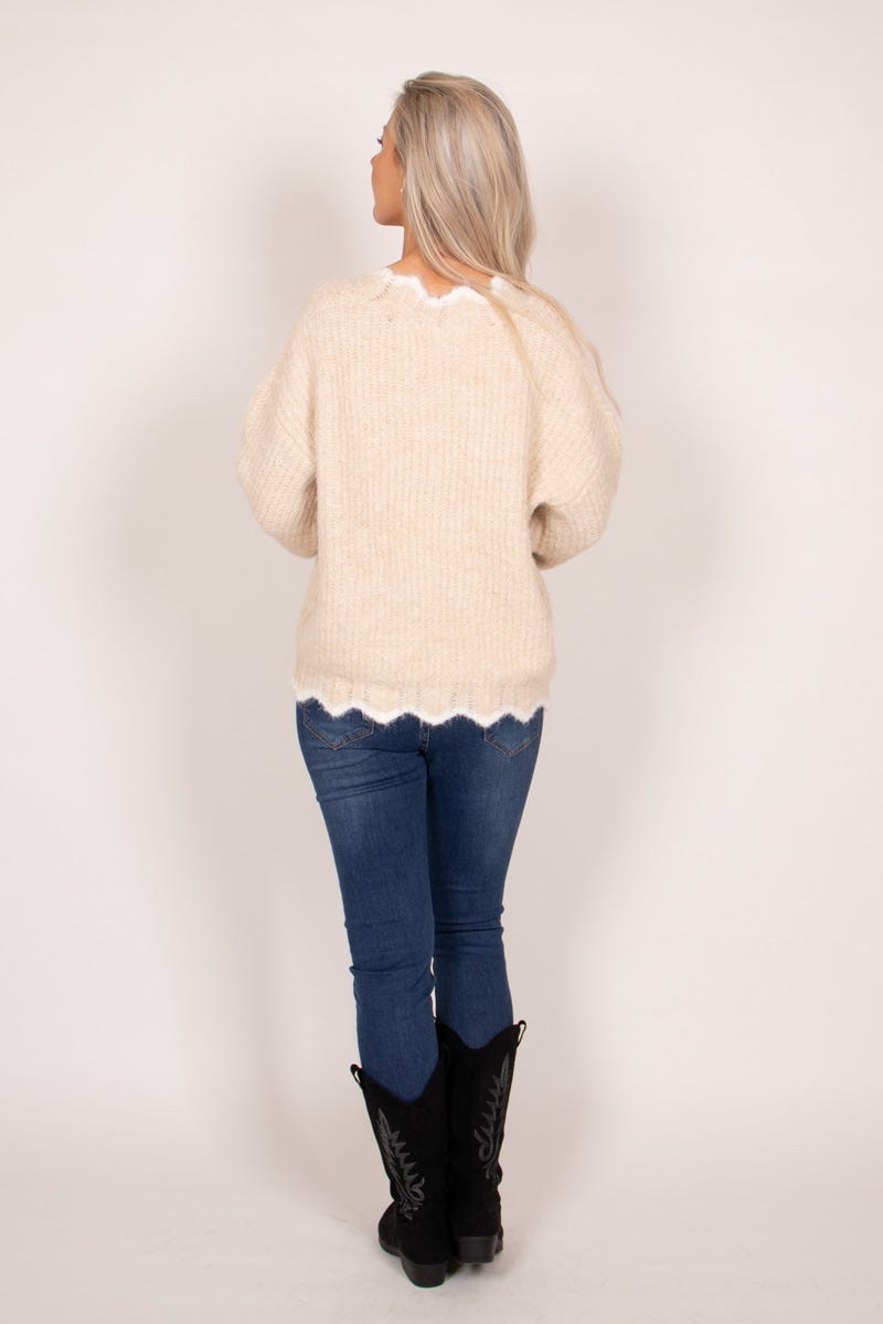 Strik cardigan m. hvide blomster Beige