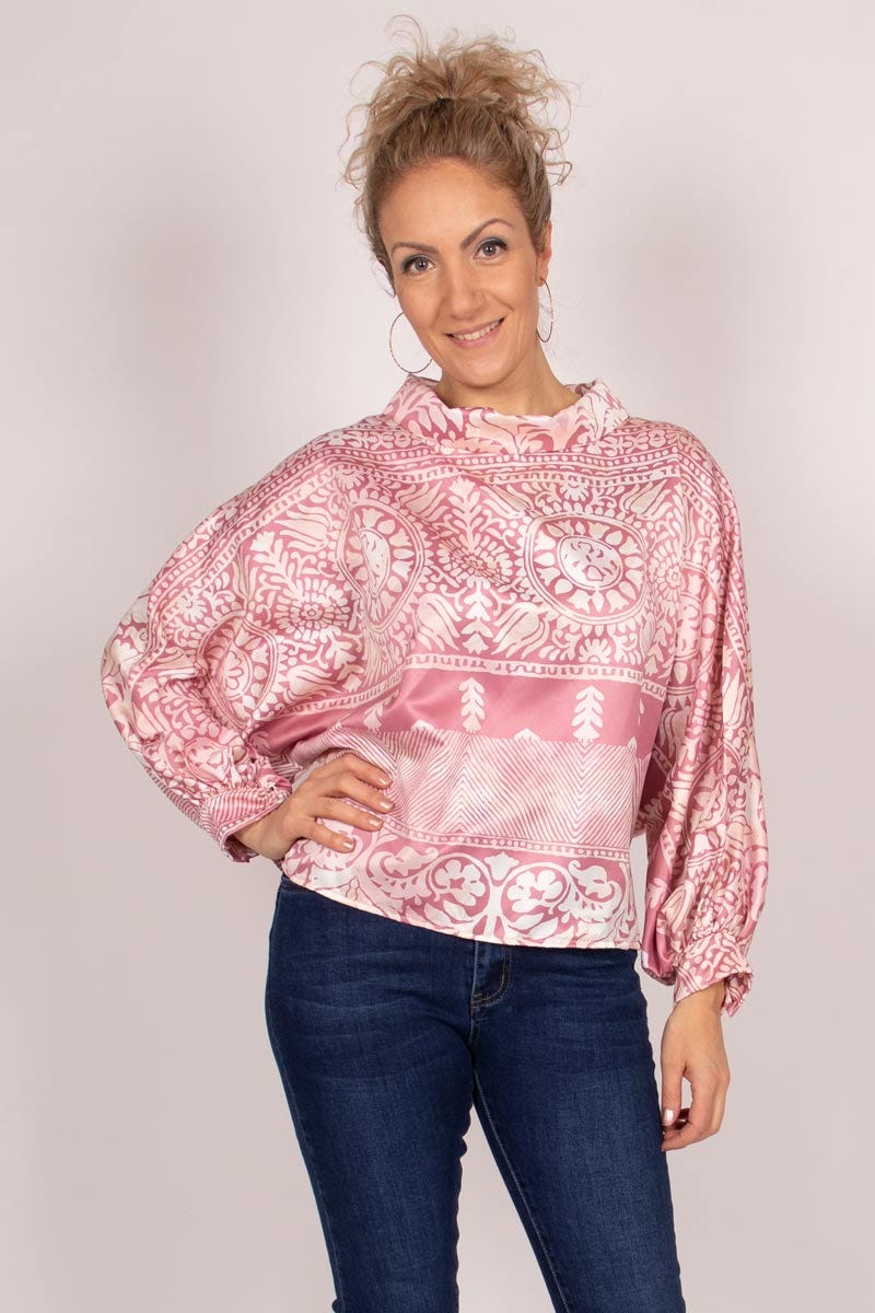 Bluse m. batwing og mønster Rosa