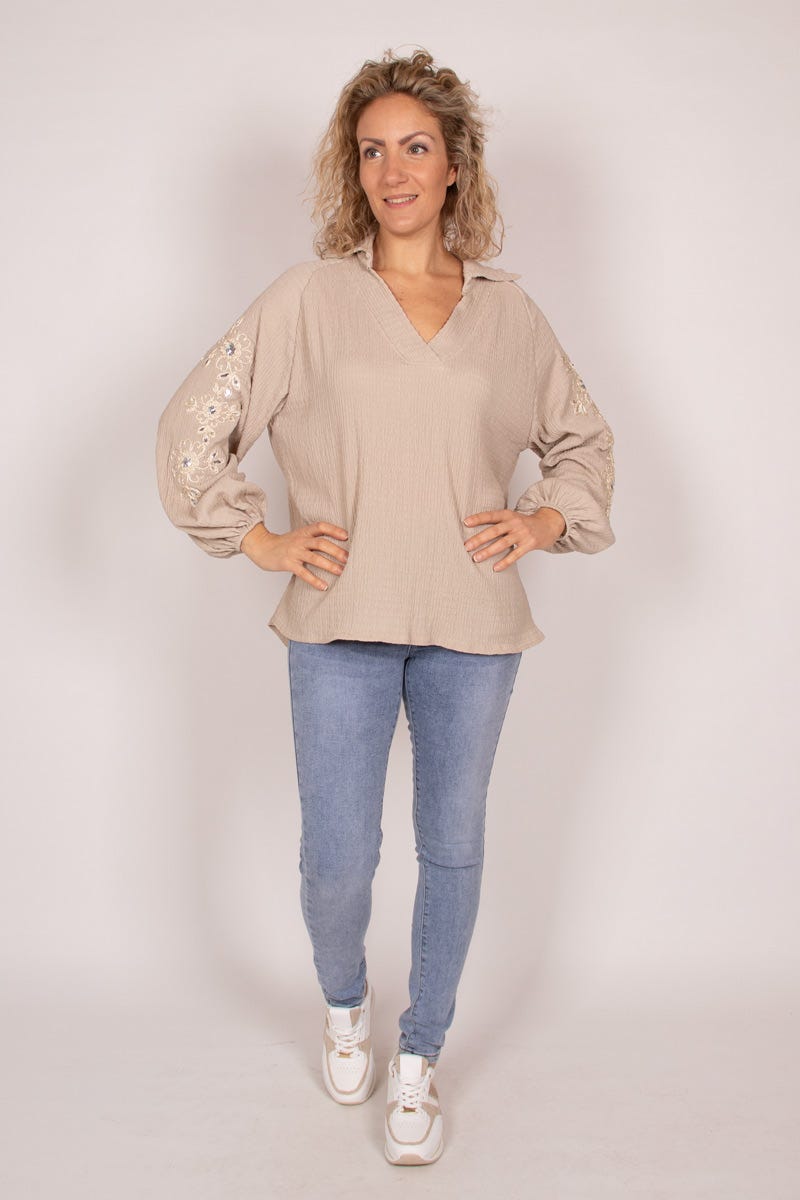 Bluse m. broderi og pailletter Taupe