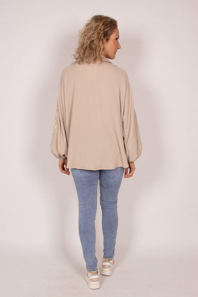 Bluse m. broderi og pailletter Taupe