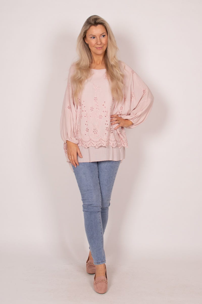 Bluse m. broderi anglaise Rosa