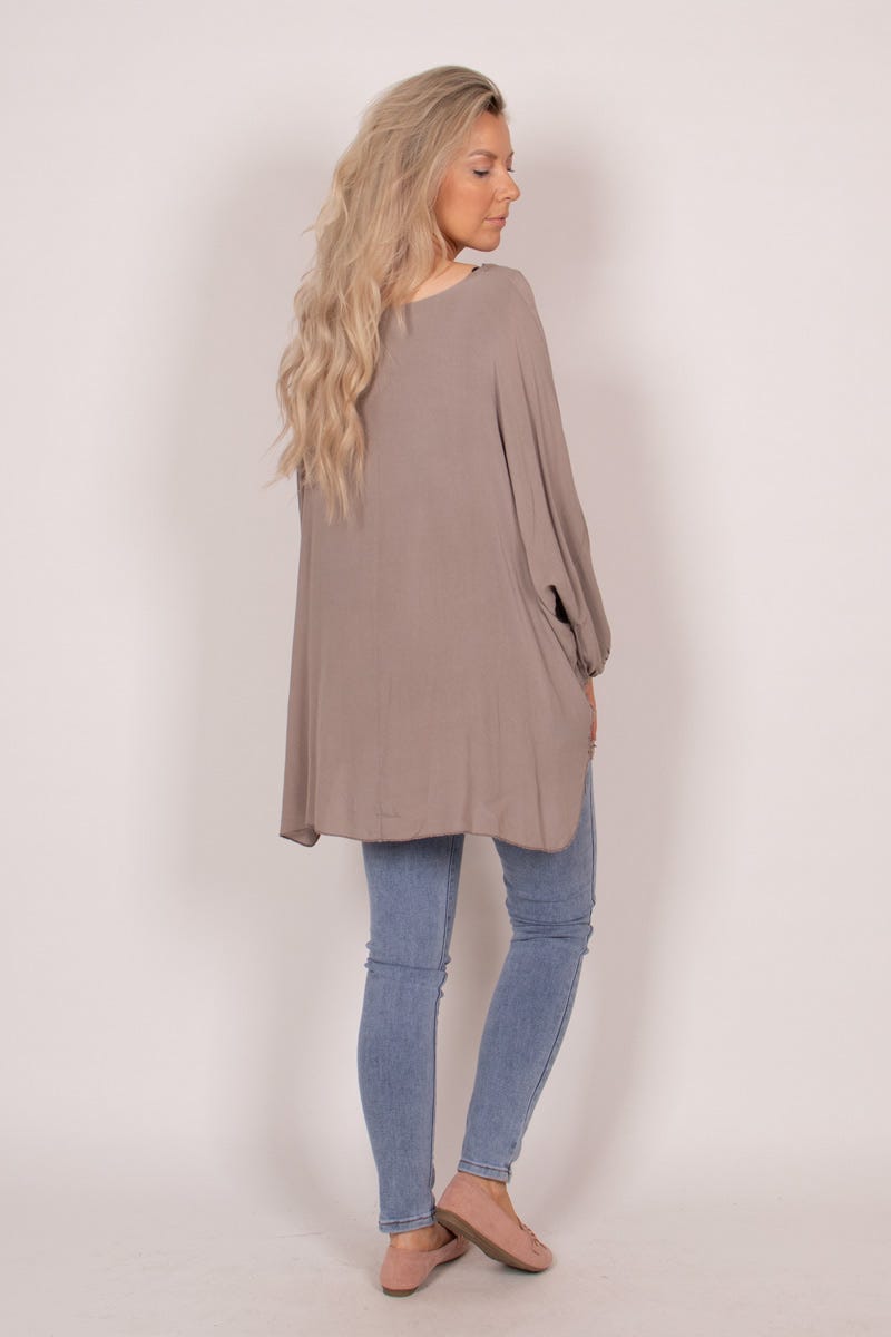 Bluse m. broderi anglaise Taupe