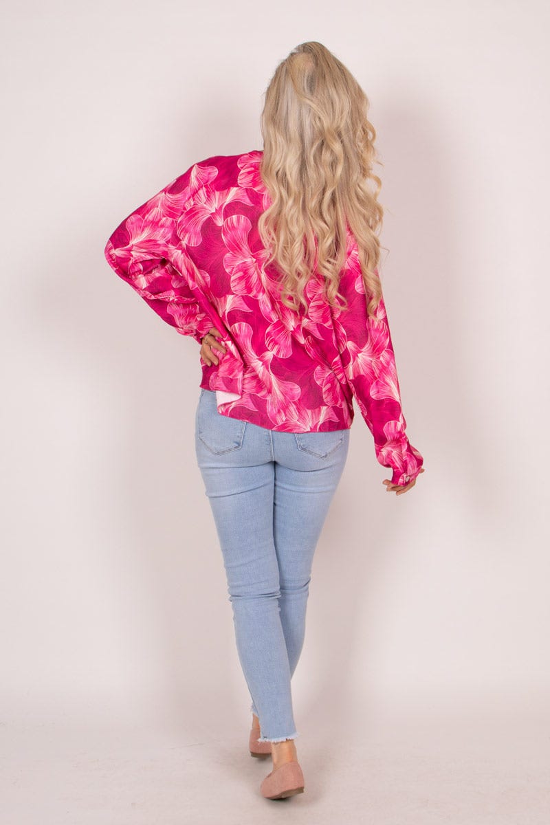 Crossover bluse m. blomsterprint Pink