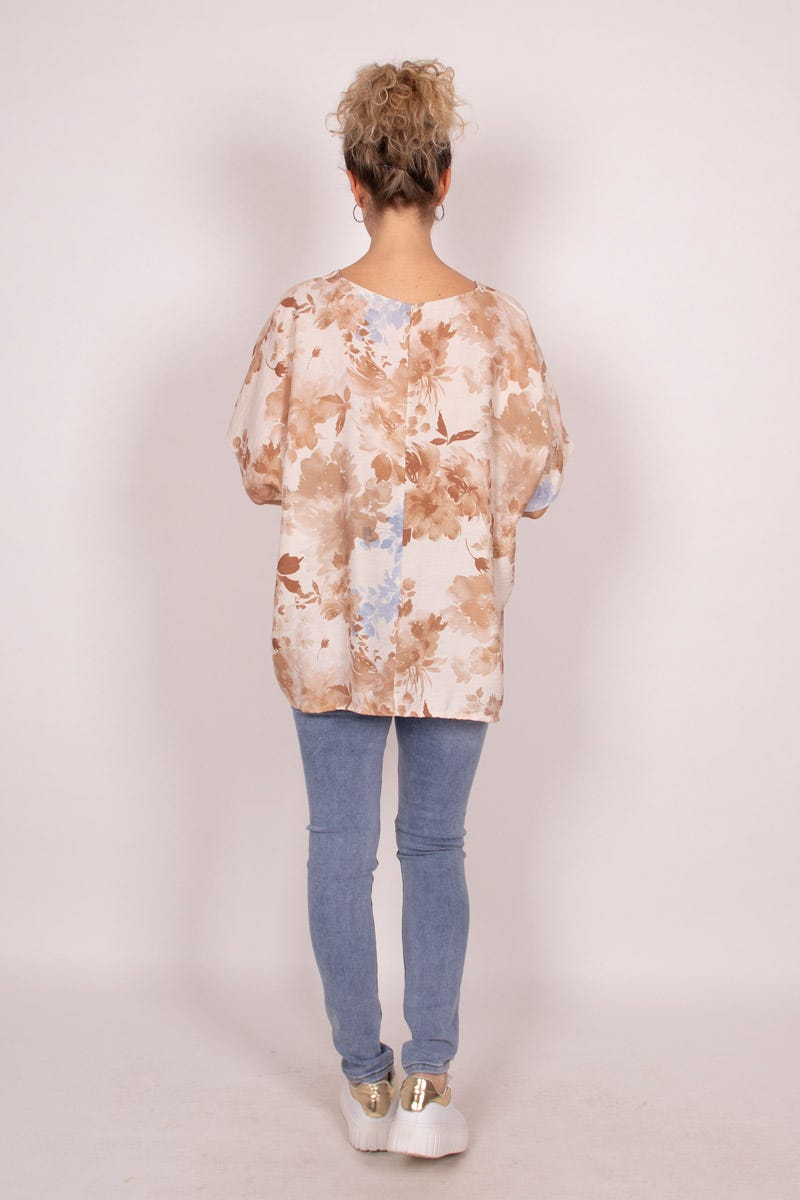 Bluse m. v-hals og blomster Beige