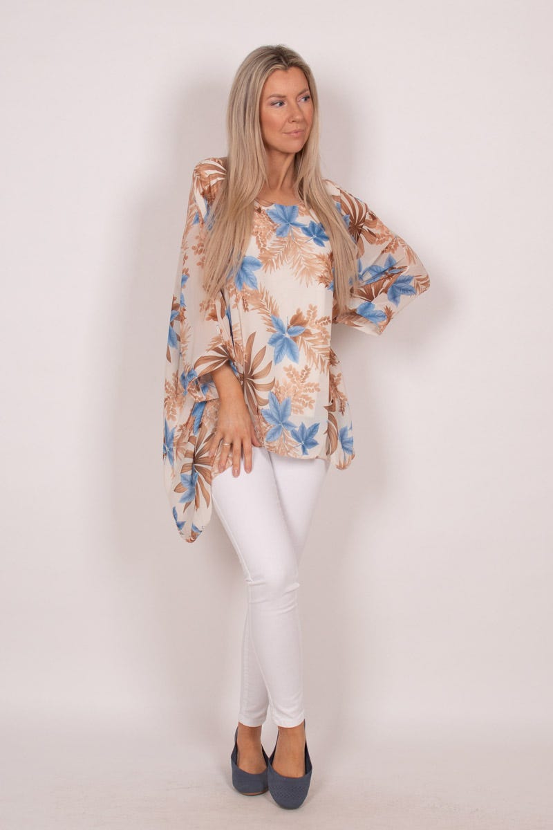 Tunika m. batwing og blomsterprint Beige