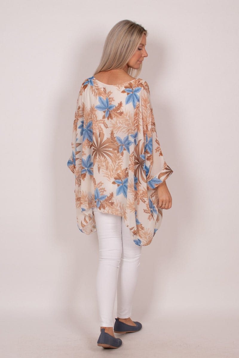 Tunika m. batwing og blomsterprint Beige