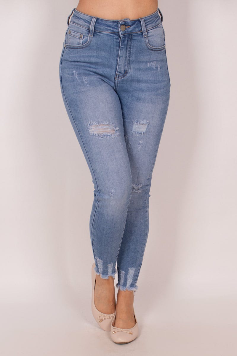 High waist jeans m. sliddetaljer Lys denim