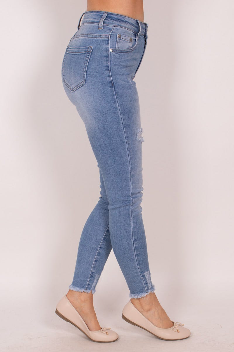 High waist jeans m. sliddetaljer Lys denim