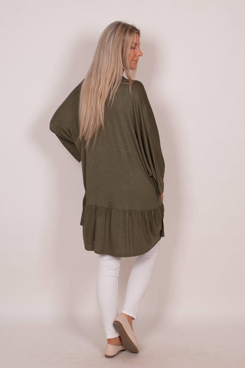 Cardigan m. flæse detalje Khaki