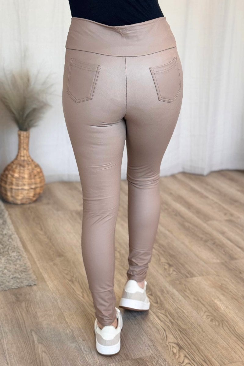 Læderlook leggings m. lynlås Taupe