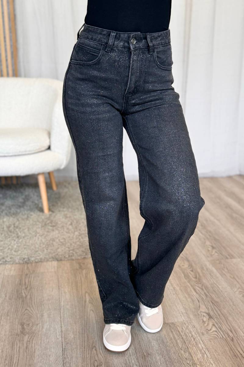 Wide leg jeans m. guldglimmer Sort