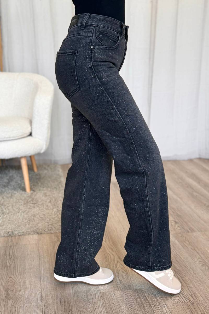 Wide leg jeans m. guldglimmer Sort