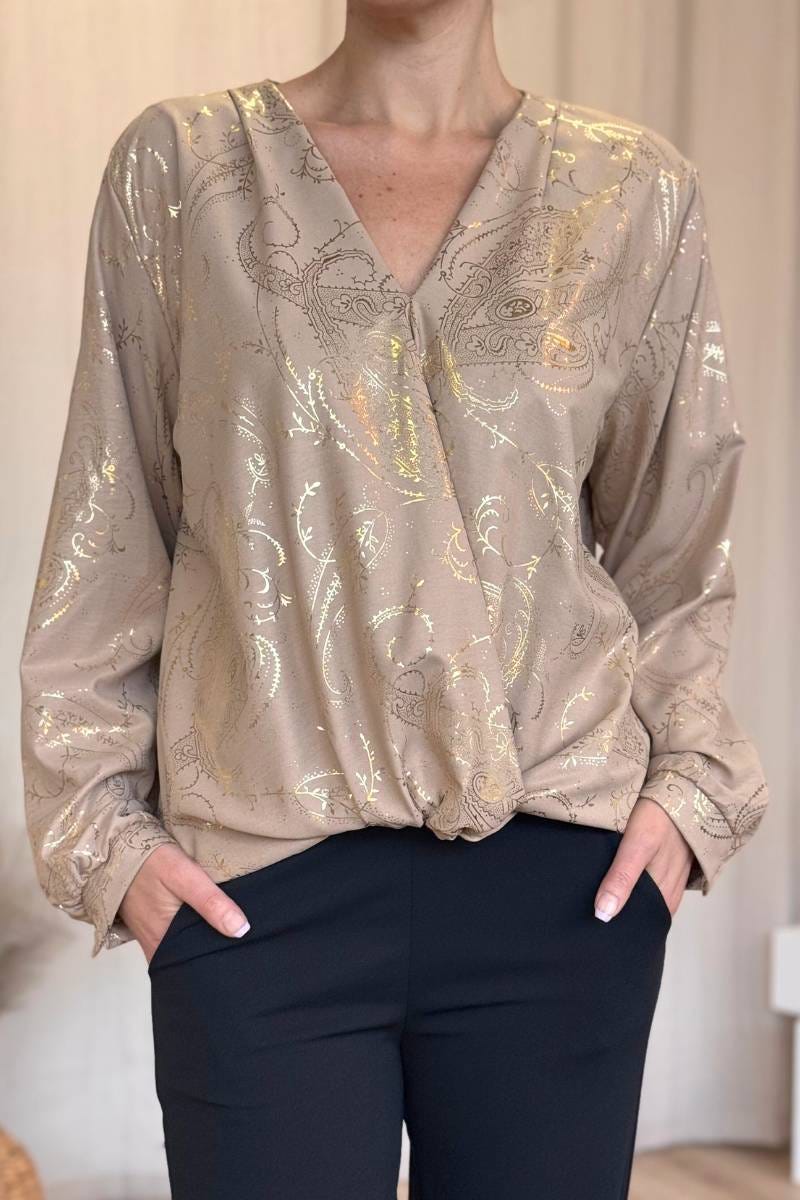 Crossover bluse m. guld paisley print Camel