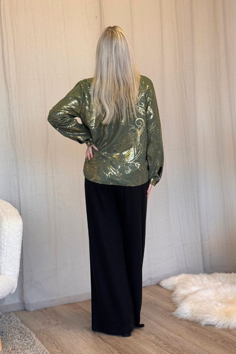 Crossover bluse m. guld paisley print Khaki