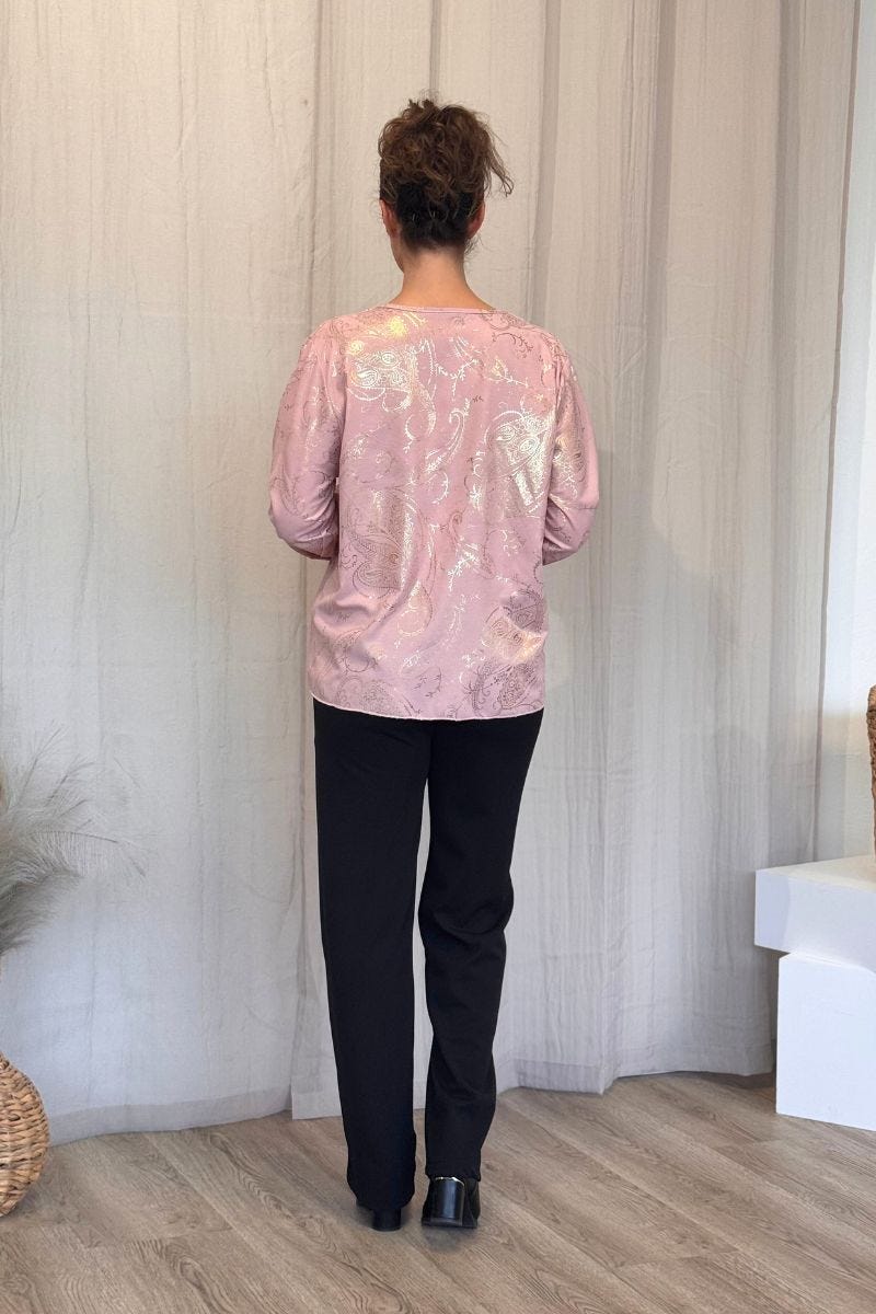 Crossover bluse m. guld paisley print Rosa