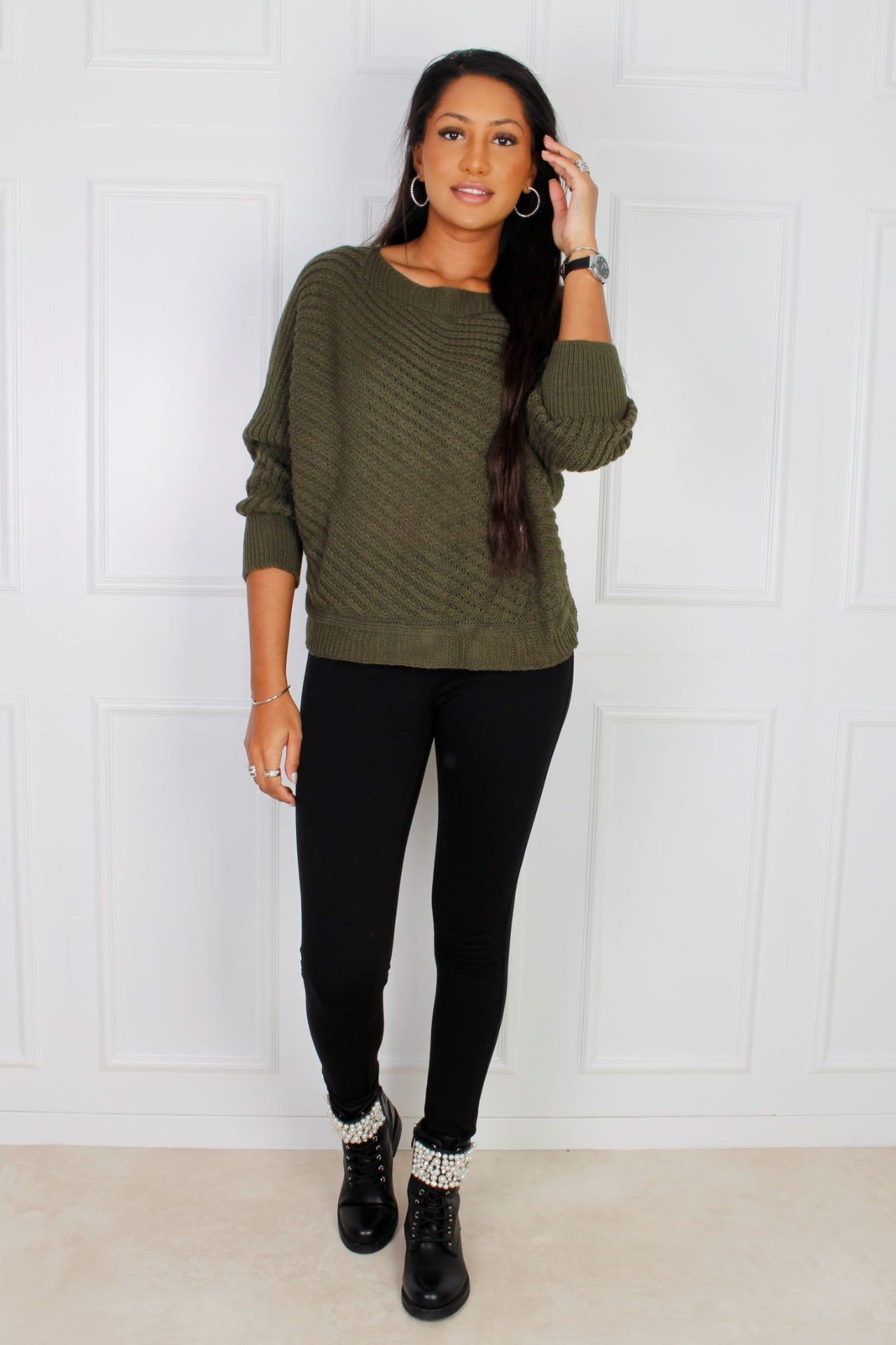 Sweater med kabelstrik, Khaki