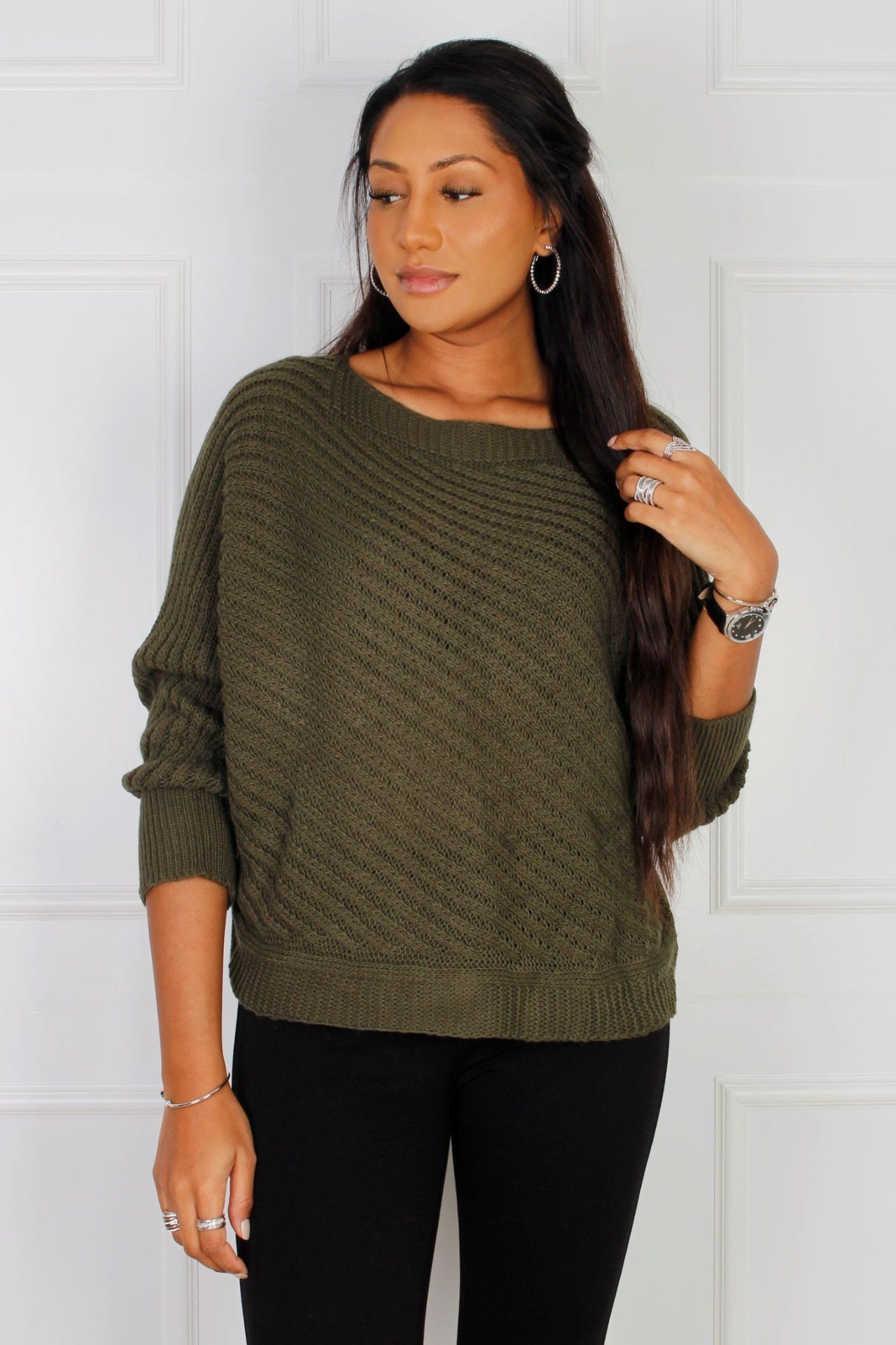 Sweater med kabelstrik, Khaki