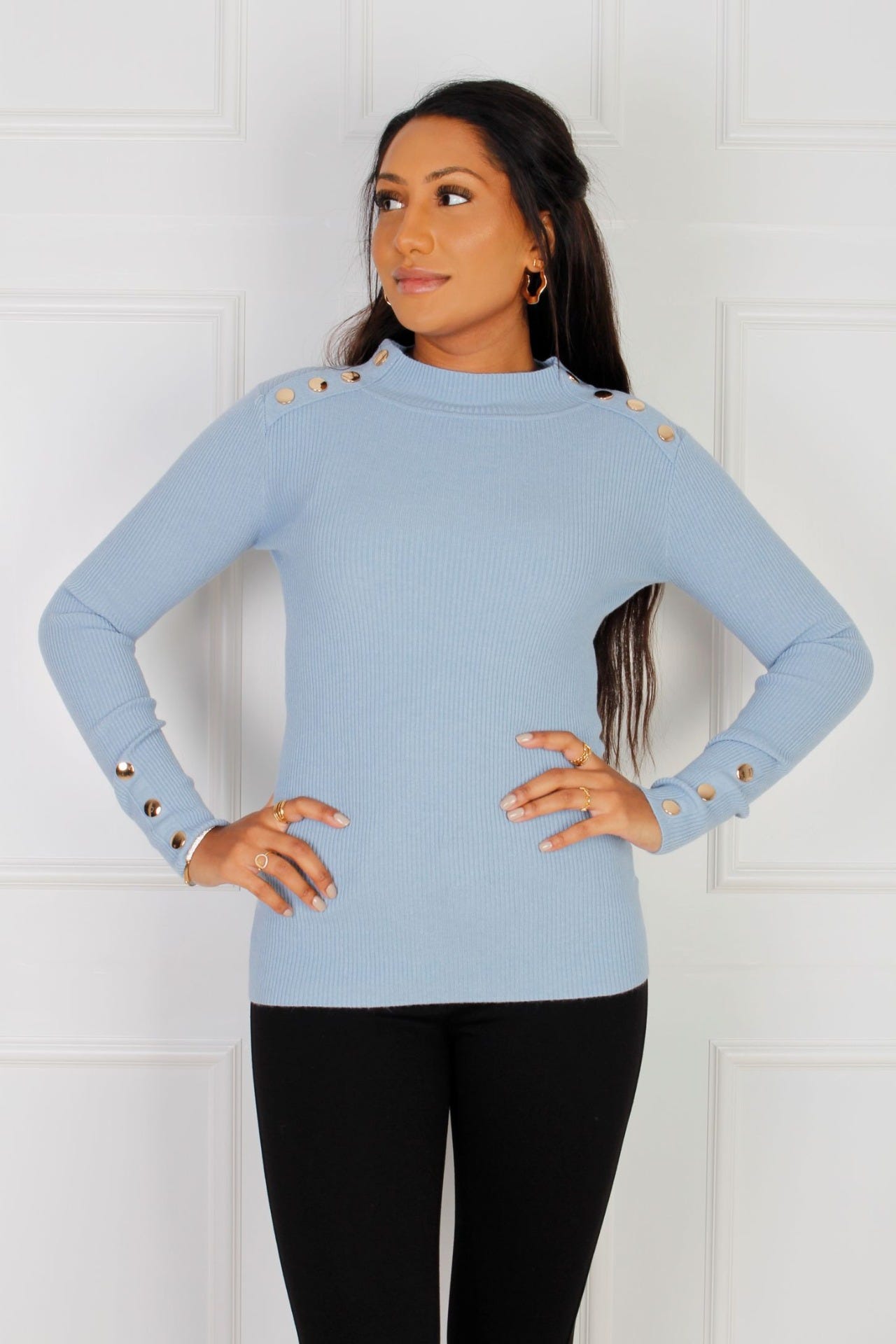 Strik bluse m. knapper, Sky blue