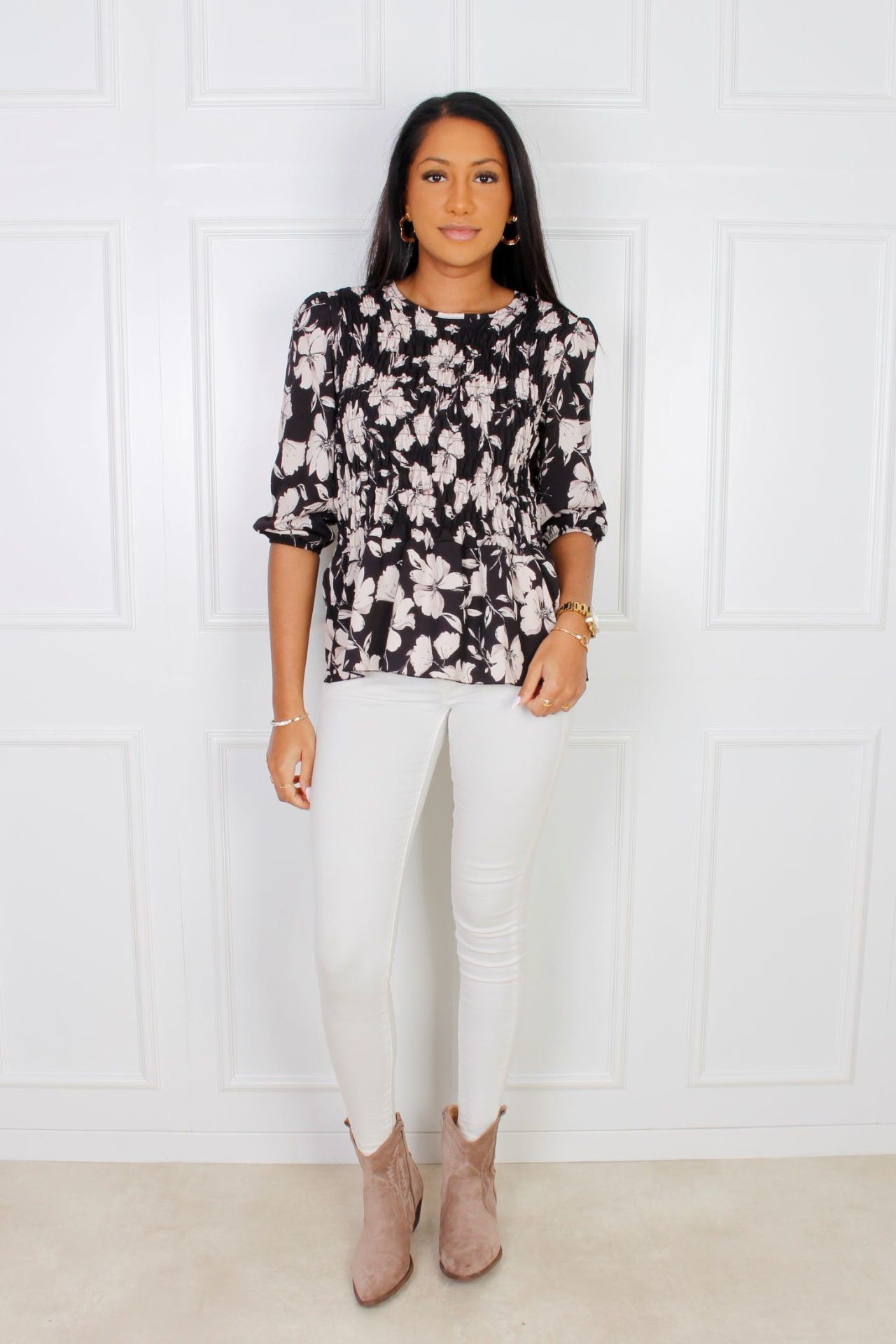 Hailey bluse, sort m. blomsterprint