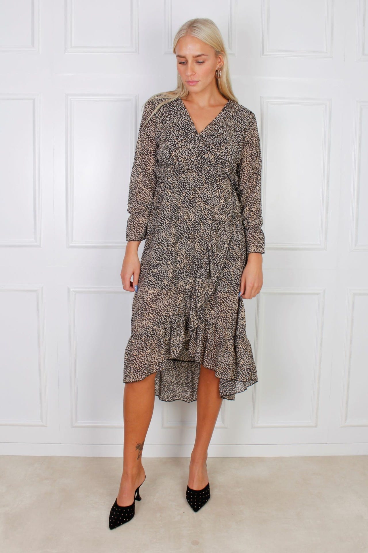 Lang kjole, sort/beige