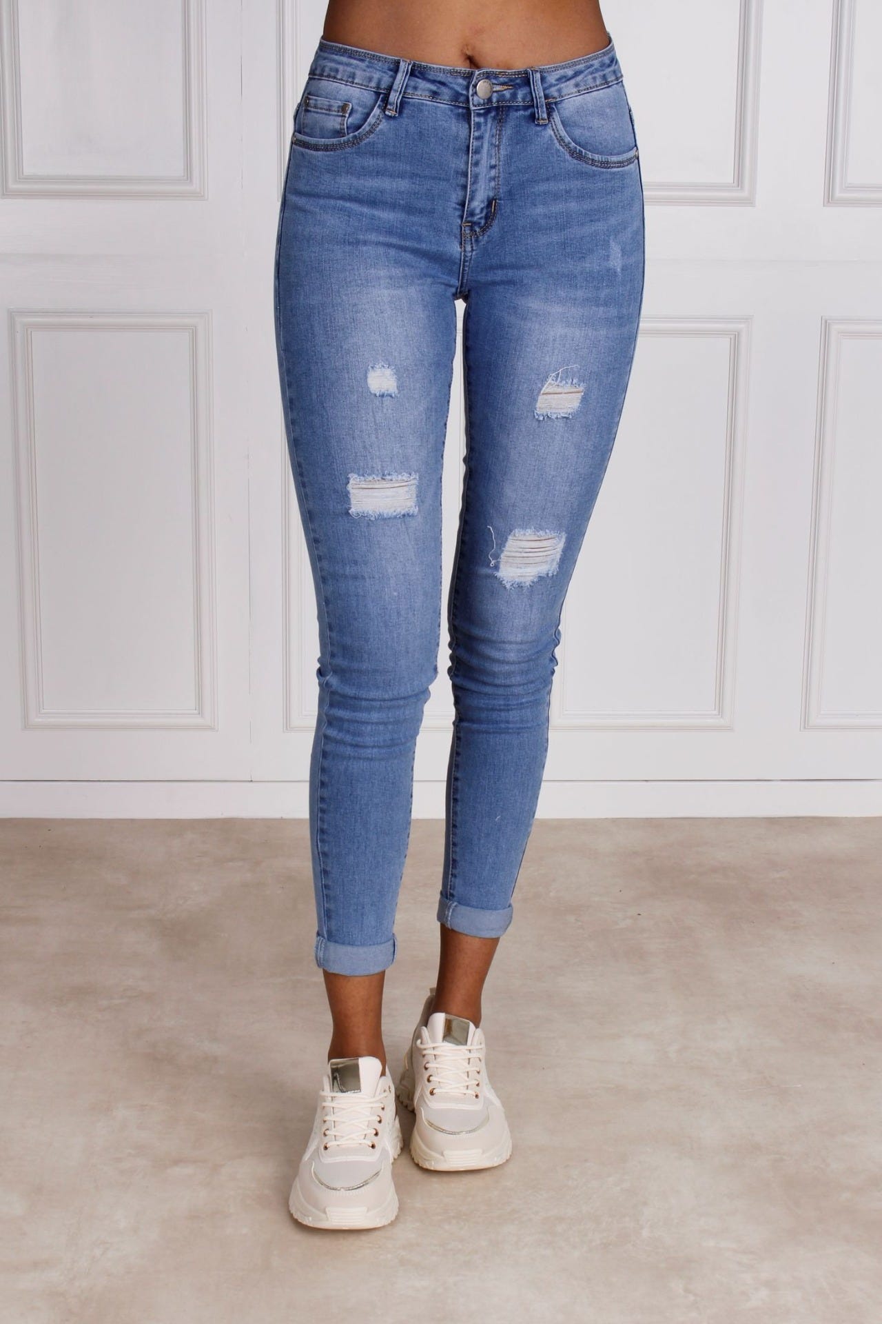 Jeans m. slid, lys denim