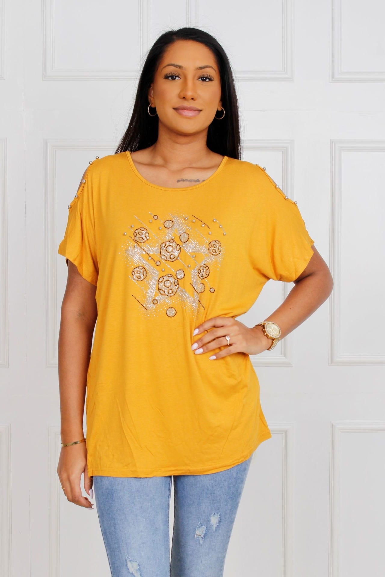 T-shirt m. stjerneprint, mustard