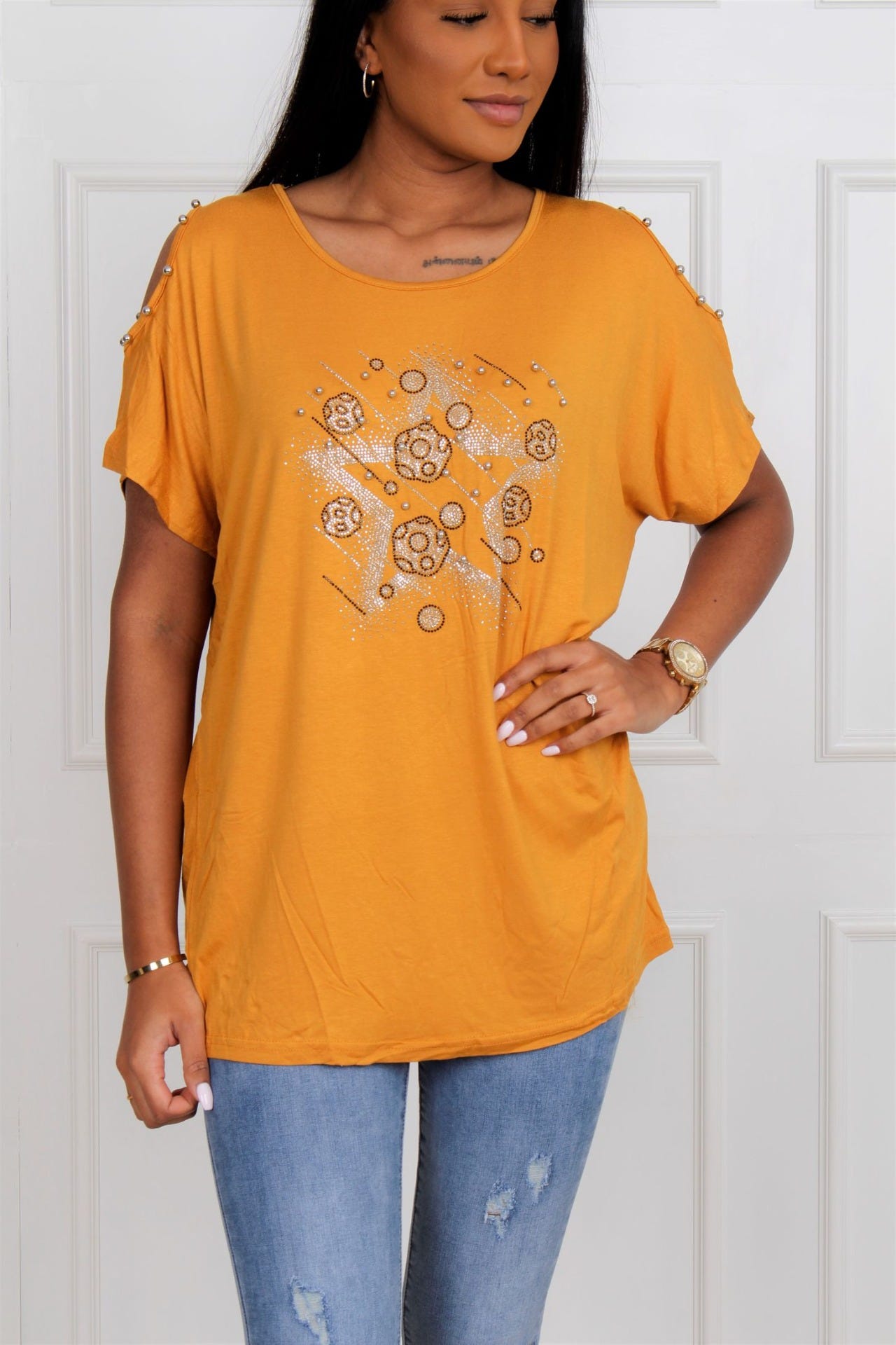 T-shirt m. stjerneprint, mustard