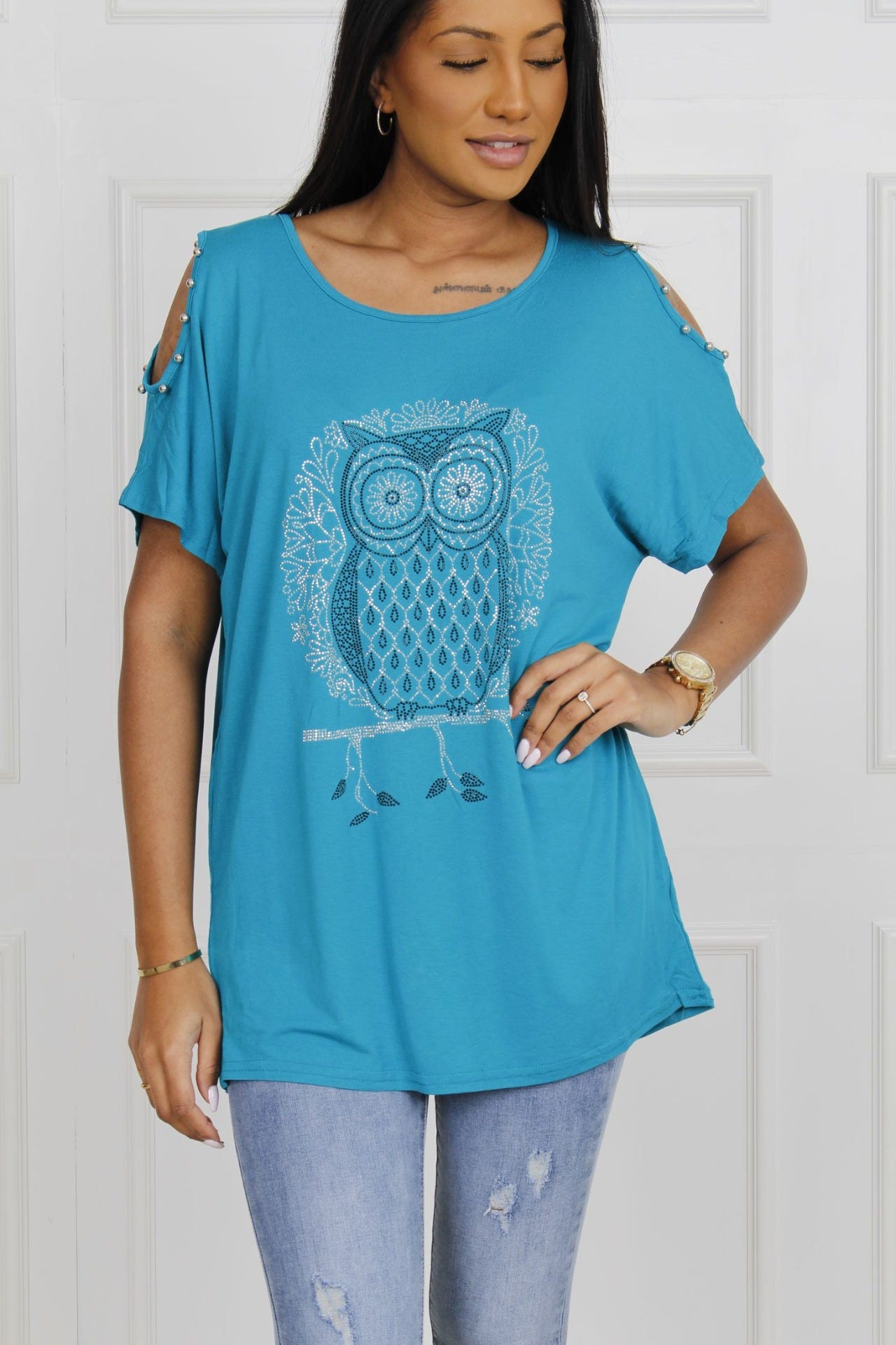 T-shirt m. ugle, aqua