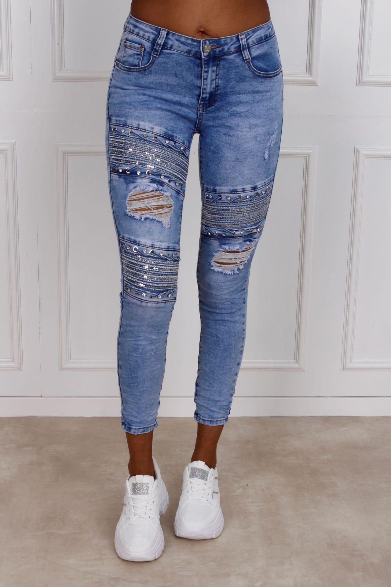 Jeans m. detaljer, lys denim