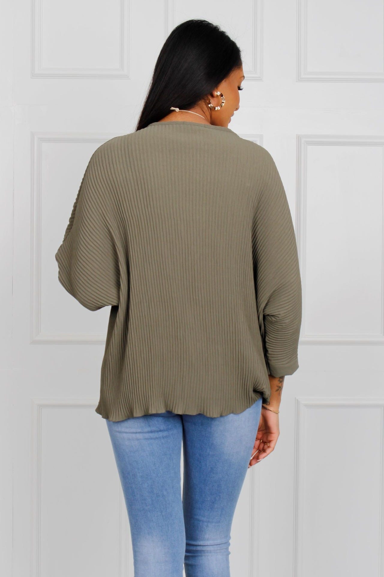 Batwing bluse med plissé, khaki