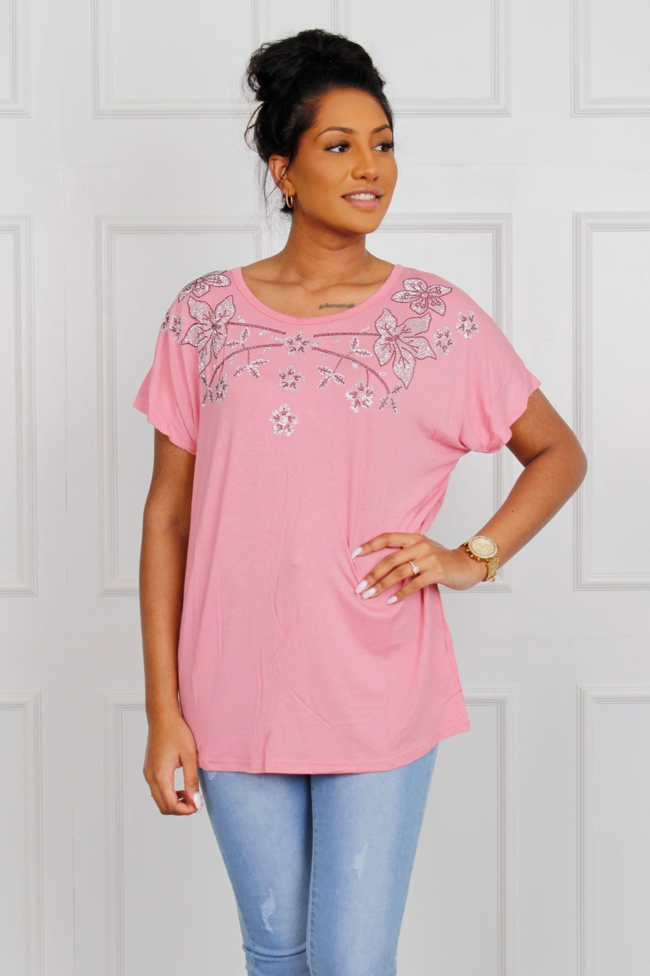 T-shirt med blomstermotiv, rosa