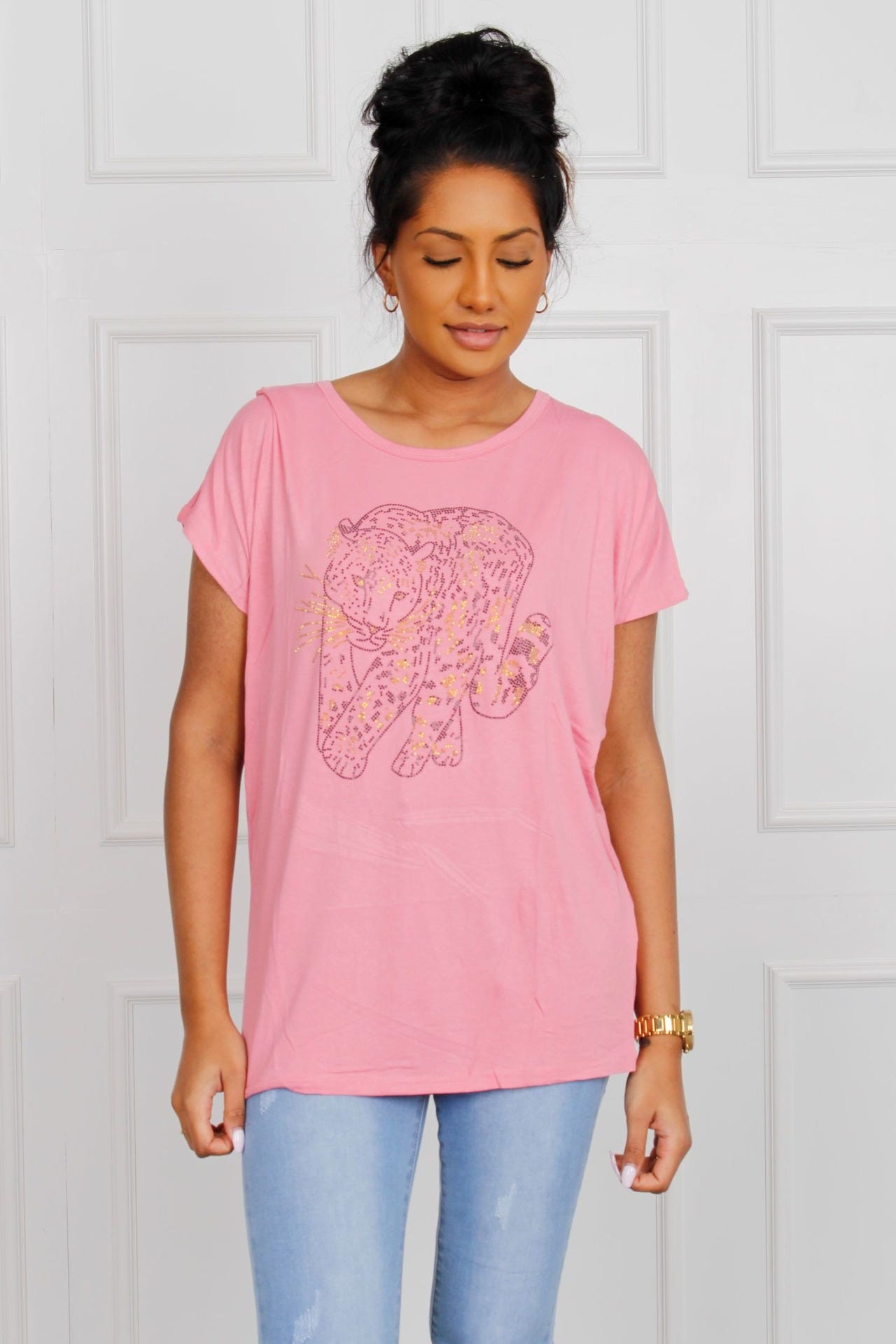 T-shirt med gepardmotiv, rosa