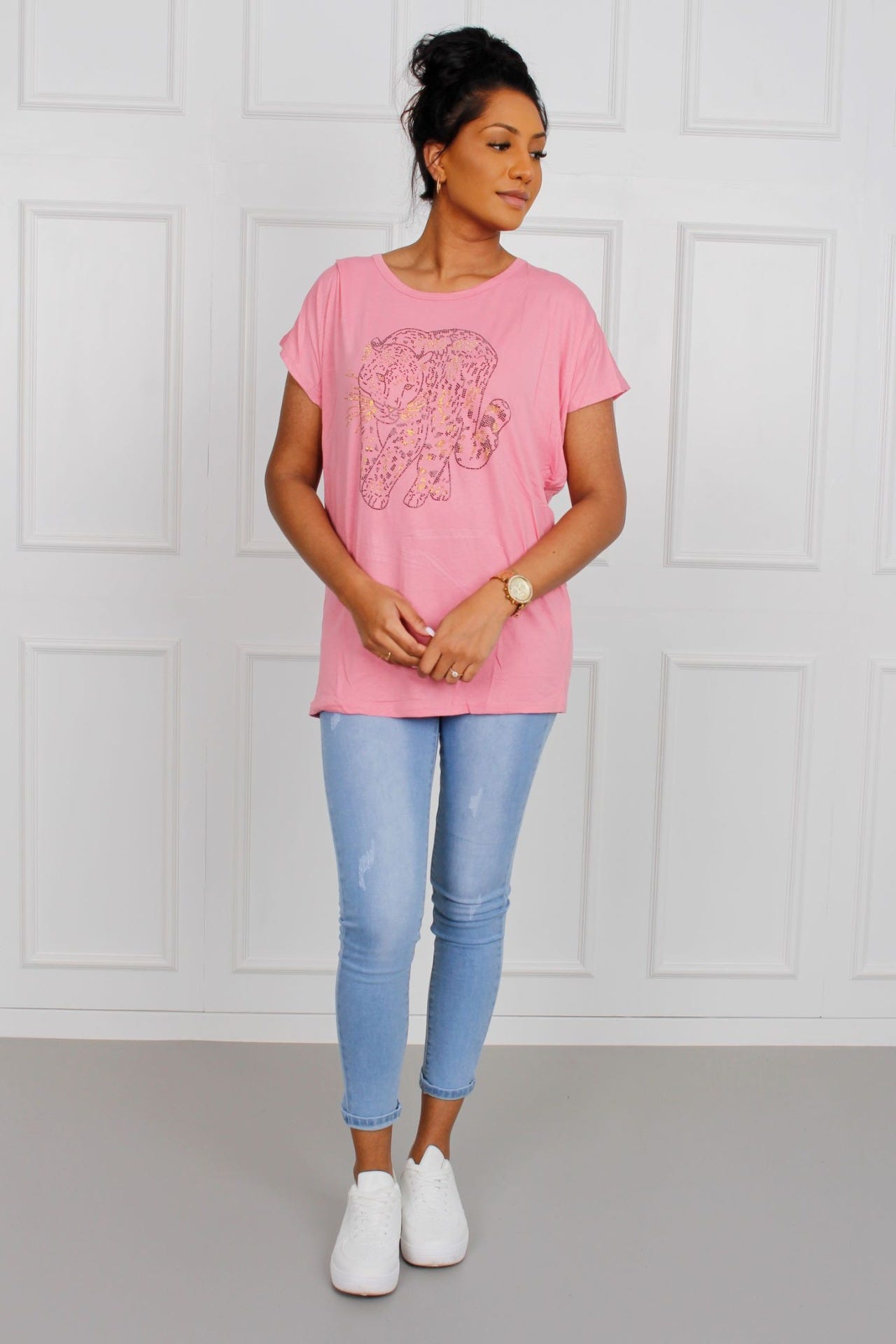 T-shirt med gepardmotiv, rosa