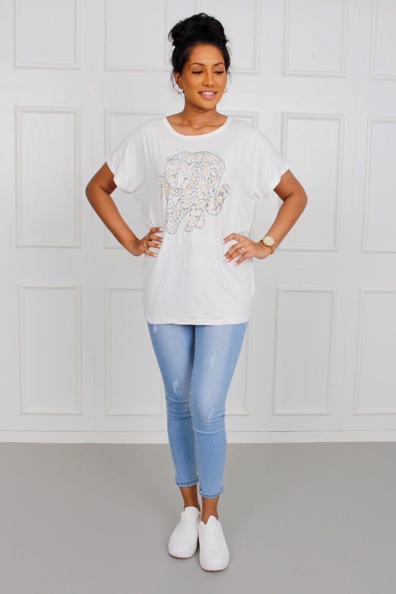 T-shirt m. leopard motiv, hvid