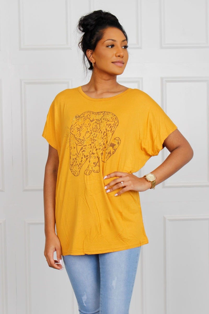 T-shirt m. leopard motiv, mustard