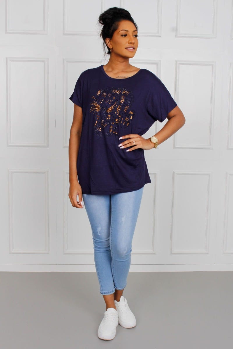 T-shirt m. leopard motiv, navy