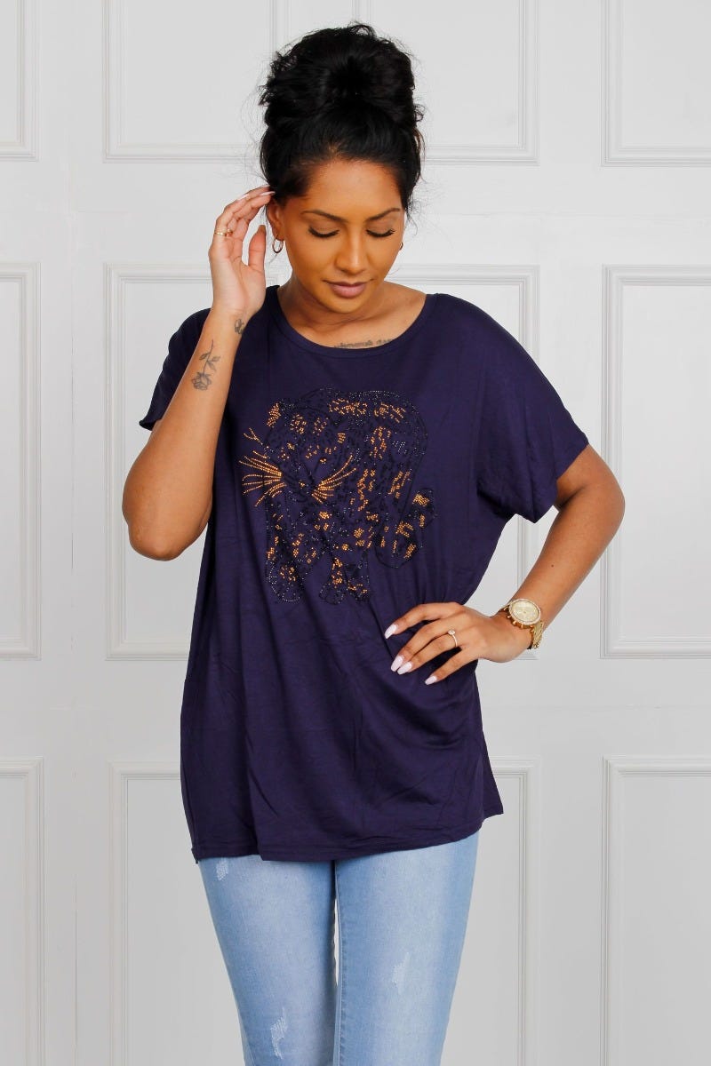 T-shirt m. leopard motiv, navy