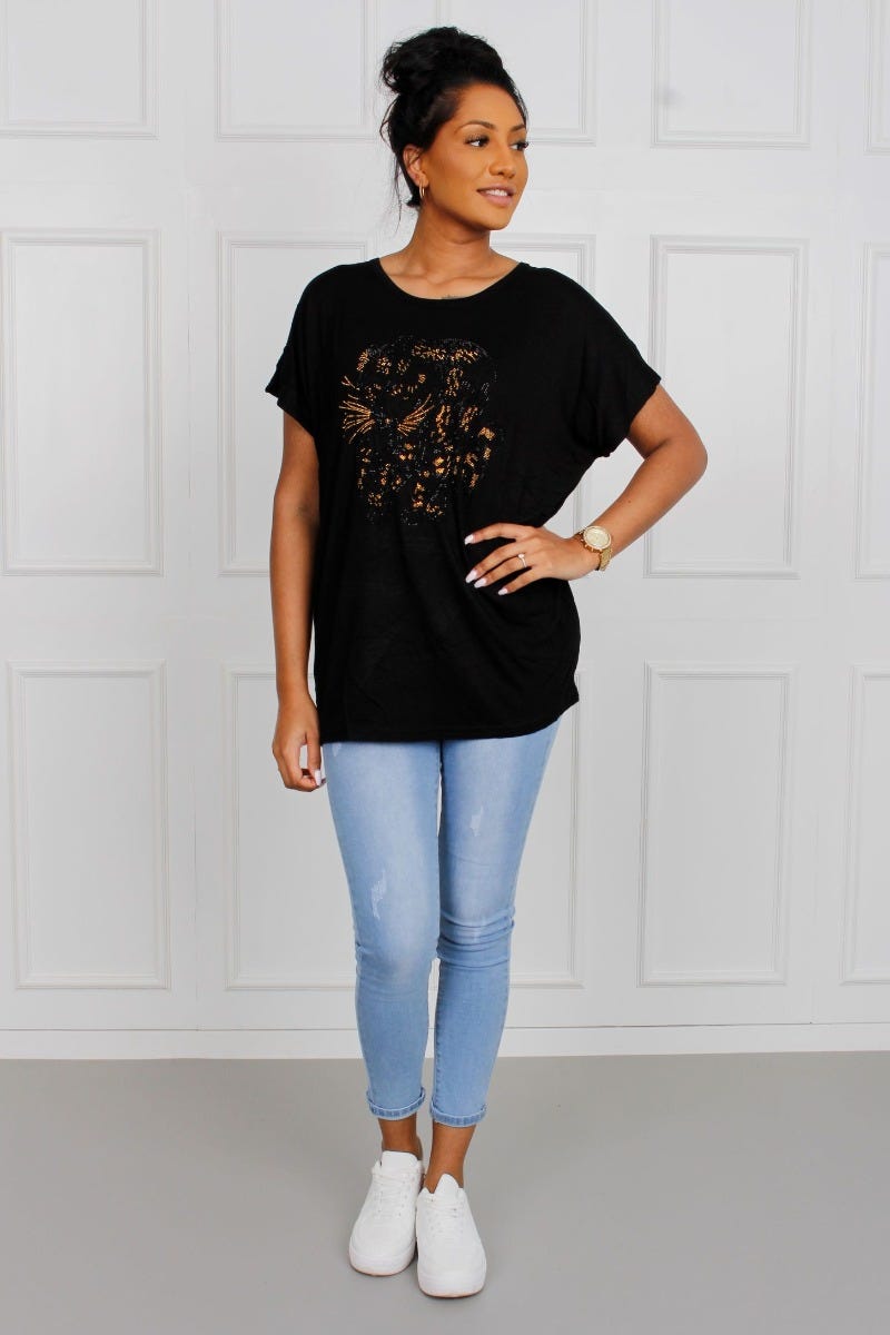 T-shirt m. leopard motiv, sort