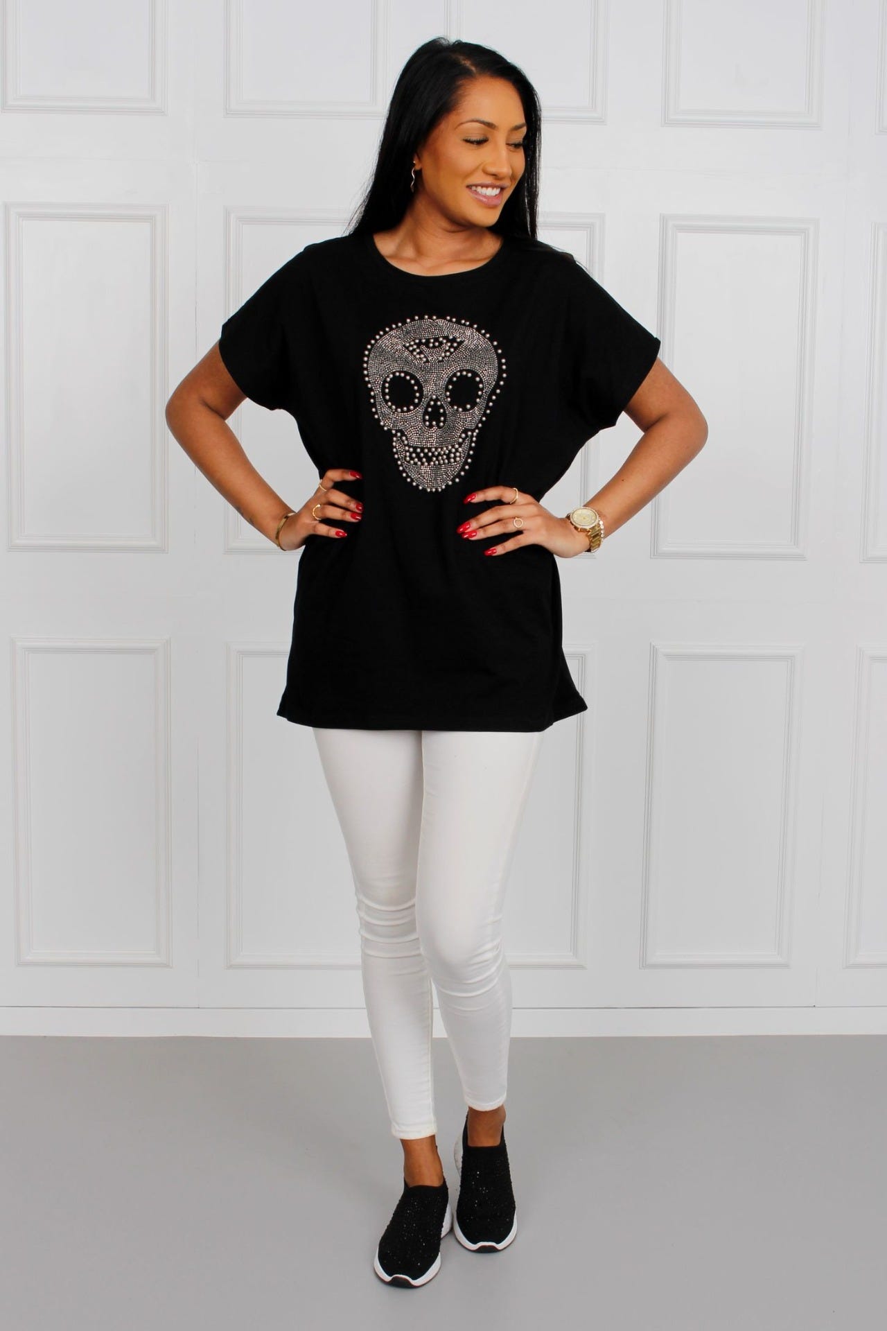 Skull t-shirt med sten og perler, sort